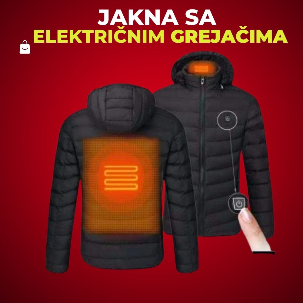 Jakna sa električnim grejačima Jakna sa električnim grejačima prikazana sa prednje i zadnje strane. Takodje je prikazan i grejne zone koji obuhvata vrat i ledja.